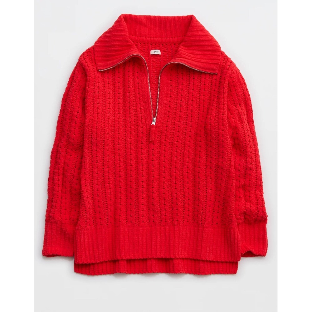 Aerie Cable Car Quarter Zip Sweater Holiday Red Size Small MSRP $69.95